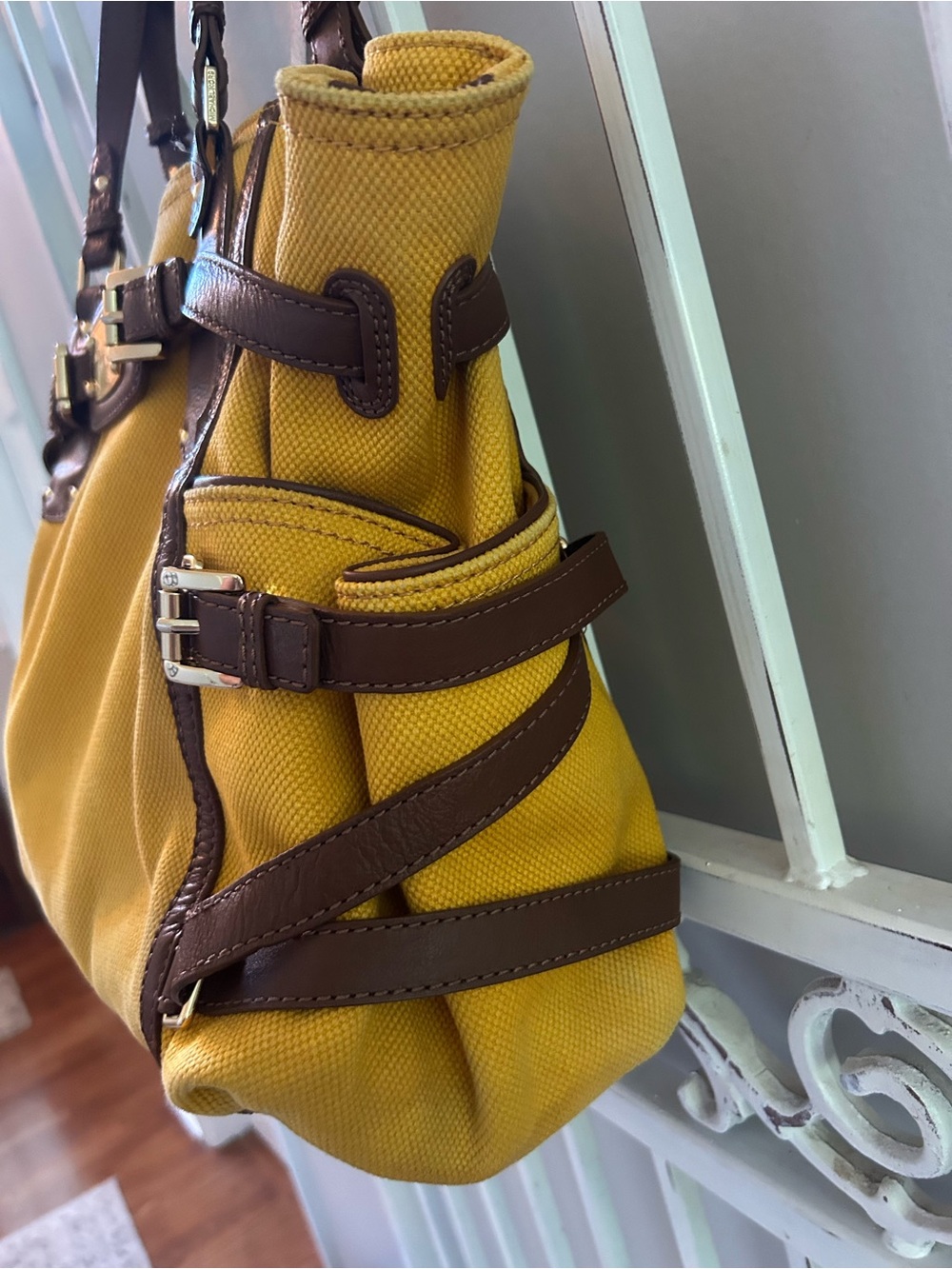 Michael Kors Yellow Canvas Tote with Brown Leather Accents - Picture 3 of 12